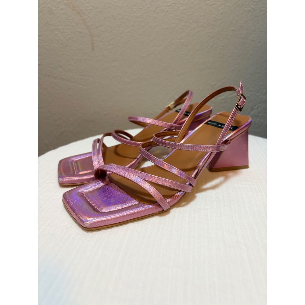 Angel Alarcon Metallic Pink Iridescent Strappy Block Heel Sandals Size 39 Spain